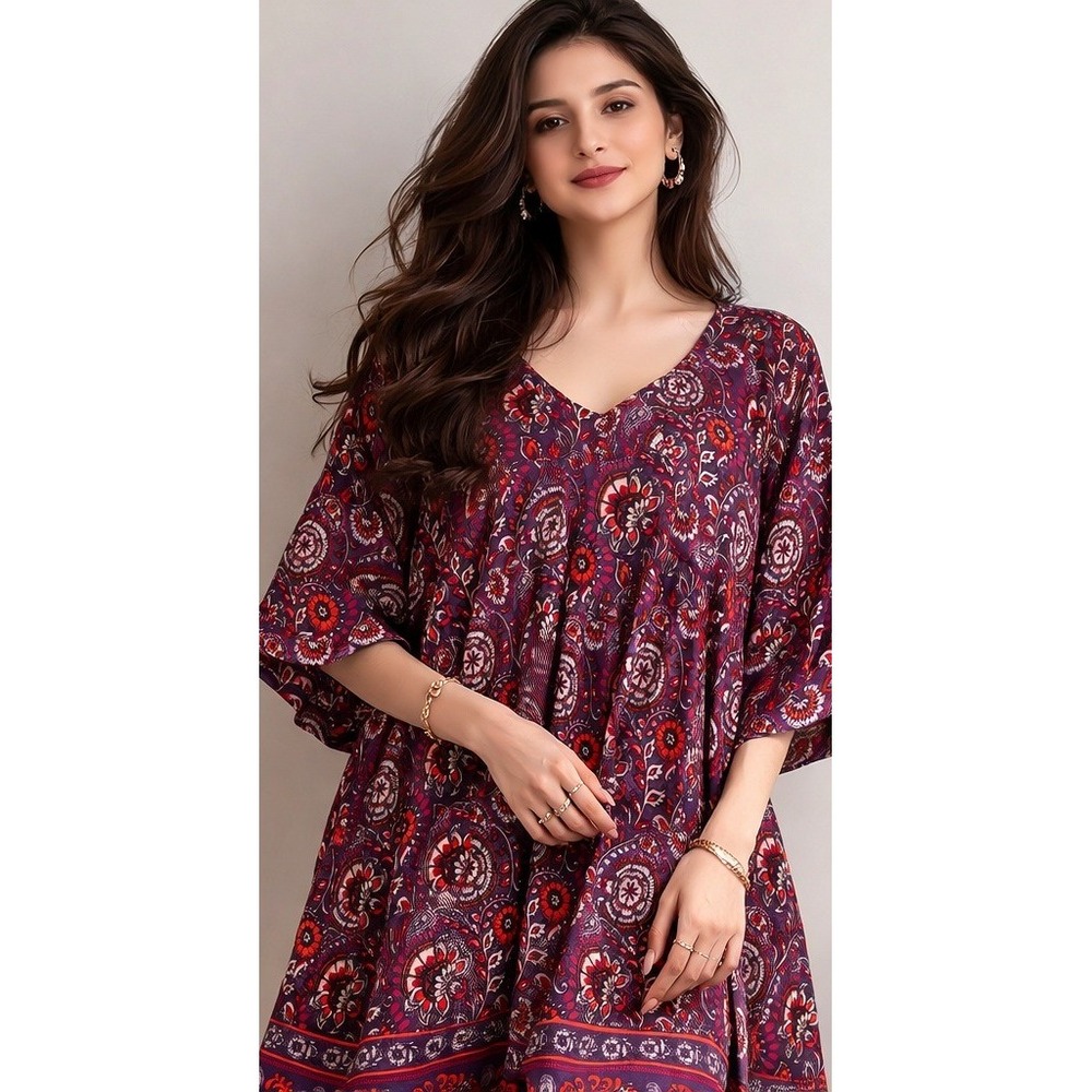 Garnet Hill SZ 12 Purple Paisley Floral 3/4 Sleeve Shift Dress Whimsy Fairy‎ EUC